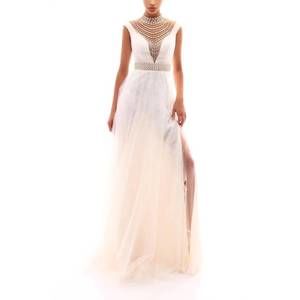 TARIK EDIZ sheer neckline pearl embellished tulle gown in ivory